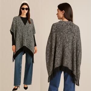 Alice+Olivia O/S Marled Cable Kit Long Fringe Sweater Poncho 100% Cotton Black
